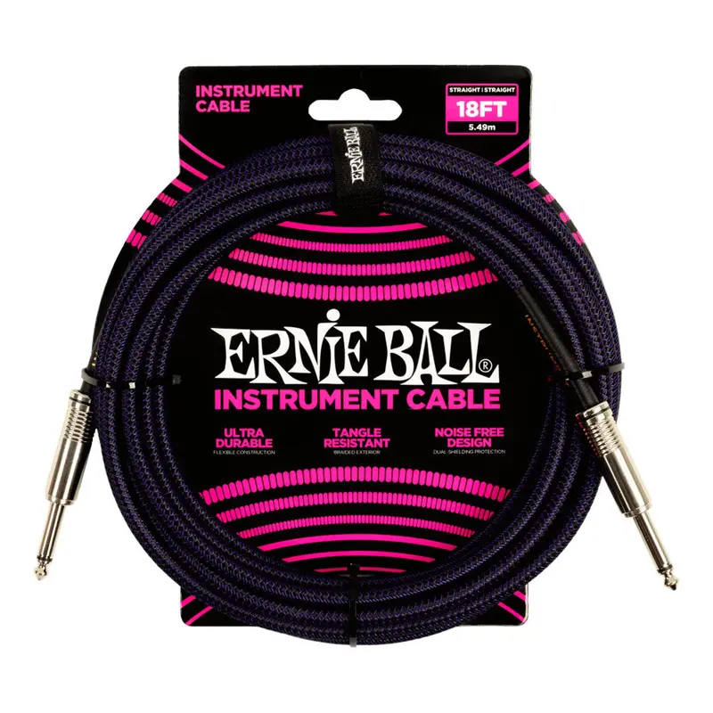 Ernie Ball 18-Foot Braided Instrument Cable – Purple/Black Colorway 1