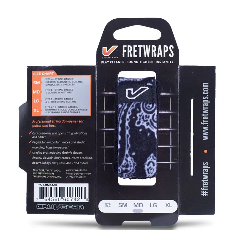 Fretwraps Damping Band For Guitar – Black Bandana Pattern, Small Fit (1-Pack) 1