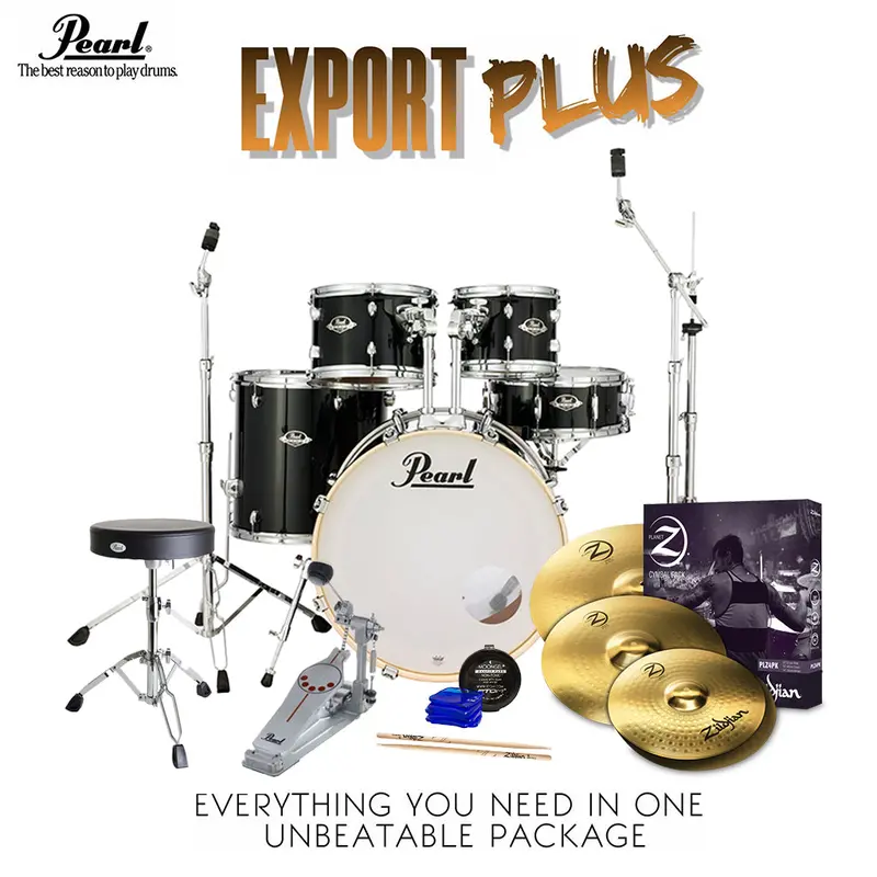 Pearl Export Exx Fusion Drum Kit – 22", Jet Black, Includes Zildjian Cymbals & Hardware 1