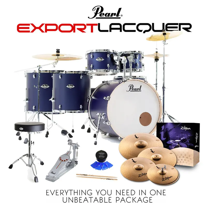 Pearl Export Lacquer Exl Fusion Plus 22" Drum Kit Package With Zildjian Cymbals, Hardware, And Free 14" Floor Tom – Indigo Night Finish 1