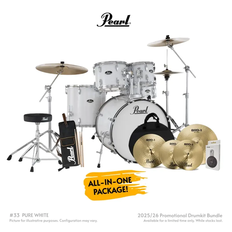 Pearl Roadshow-Plus 22-Inch 5-Piece Drum Bundle With Pearl Cymbals – Pure White 1