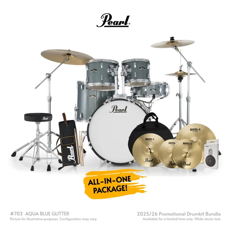 Pearl Roadshow-Plus 22-Inch 5-Piece Drum Package With Pearl Cymbals – Aqua Blue Glitter 1