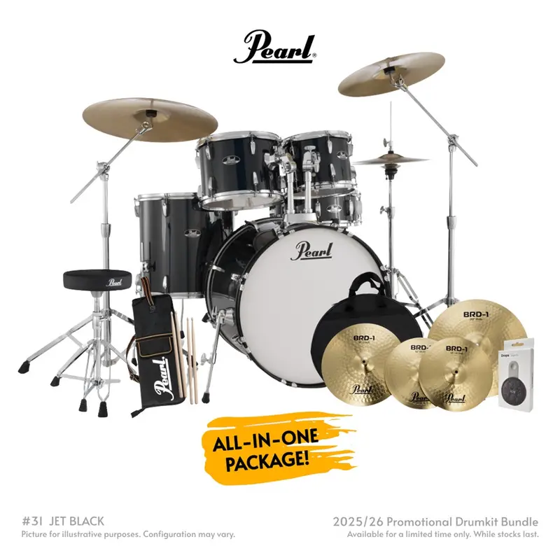 Pearl Roadshow-Plus 22-Inch 5-Piece Drum Package With Pearl Cymbals – Jet Black 1