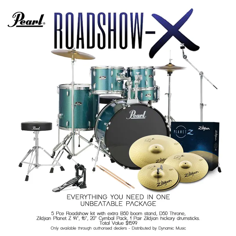 Pearl Roadshow X 5-Piece Drum Kit With Zildjian Cymbals, Hardware, And Aqua Blue Glitter Finish 1