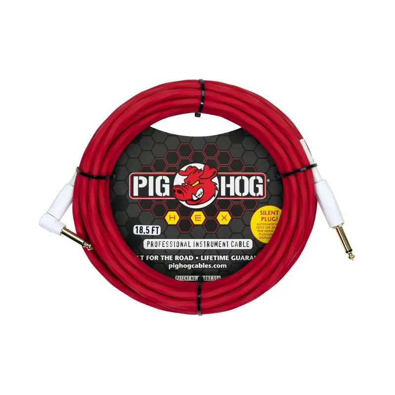 Pig Hog Hex Silent Instrument Cable – Candy Apple Red, 18.6 Ft, Right-Angle 1
