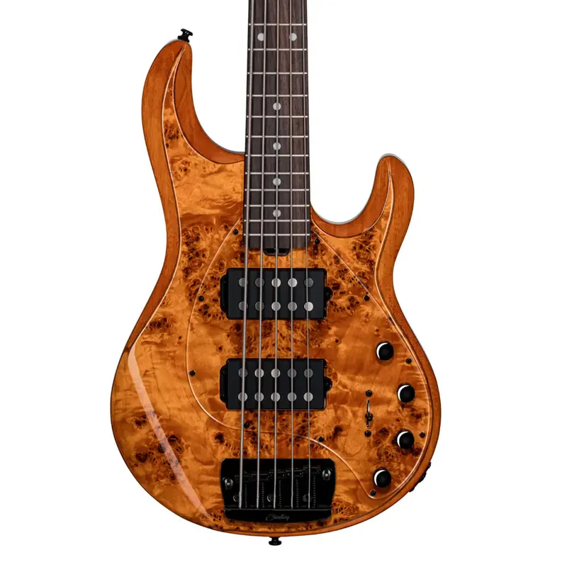 Sterling By Music Man Ray35 Hh Bass – Poplar Burl Top In Amber With Roasted Maple Neck 1